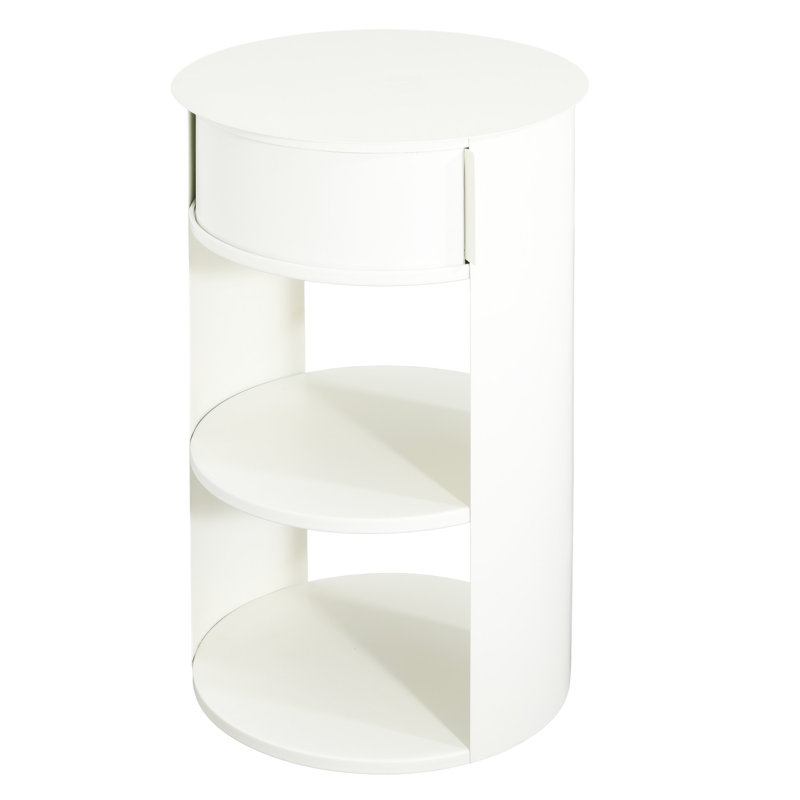 Table d'appoint ronde à 3 niveaux en métal, blanc mat, fer, trois tablettes, porte coulissante sécurisée, sans assemblage, idéale pour un lit ou un lit, convient aux espaces restreints, se déplace parfaitement, complète n'importe quelle table décorative