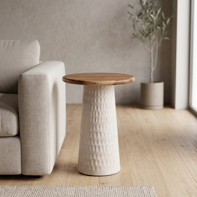Hand-Carved Solid Wood Accent Round Top End Table