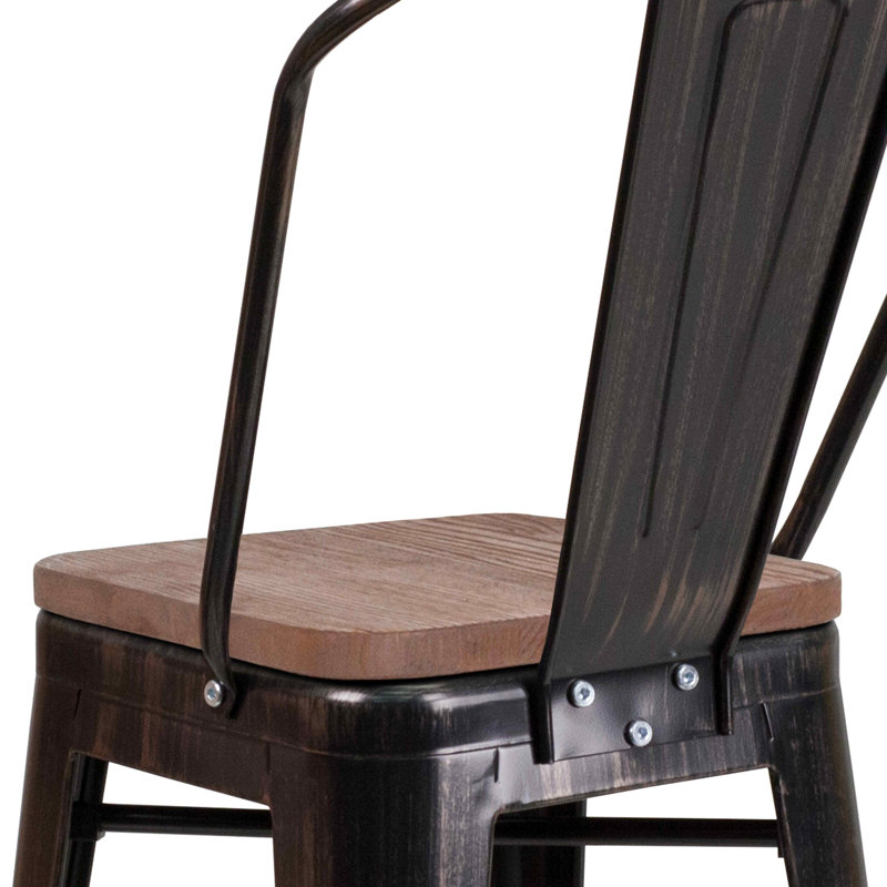 Tabouret de bar ou de comptoir en métal Marian avec dossier et siège en bois Marian, Noir/or antique, 1