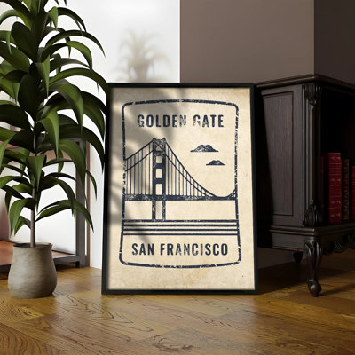 Z Studio Vintage San Francisco Travel Stamp Poster, Golden Gate Postage Wall art, Vintage Stamp Collection Print for Living Room, Travel Decor Art for Office 12x16 inch, BLACK FRAMED