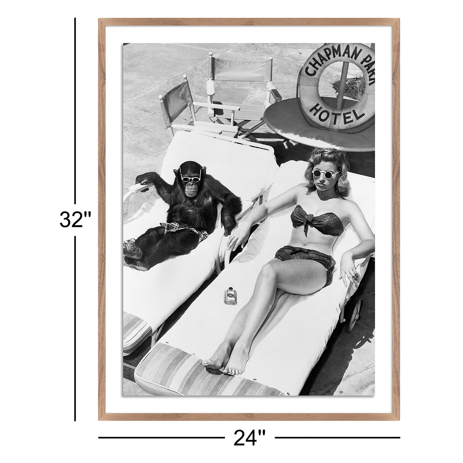Woman Sunbathing With Chimpanzee by Getty Images, Rustic Walnut Framed, 32" H x 24" W