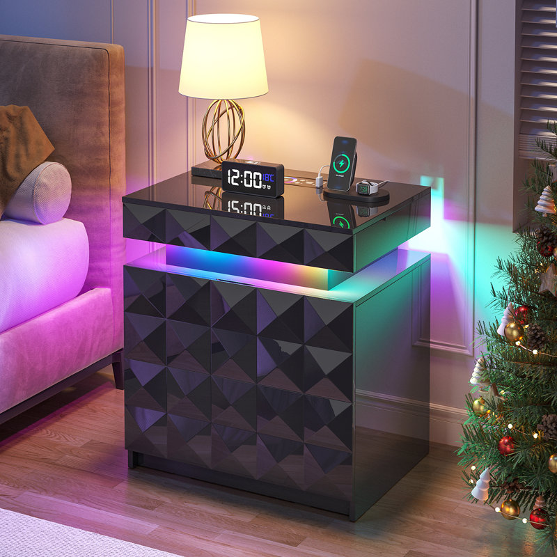 Diamond-Textured 2 - Drawers Bedside Table with Hidden Storage and Lockable, Modern Nightstand with Human Sensor Light, Black