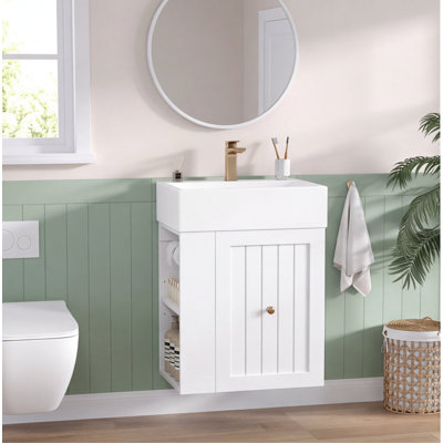 Meuble-lavabo mural de 20 pouces avec lavabo en céramique, armoire en panneau de fibres à densité moyenne, tiroir, tablette latérale et poignée dorée - conception moderne peu encombrante pour les petites salles de bain