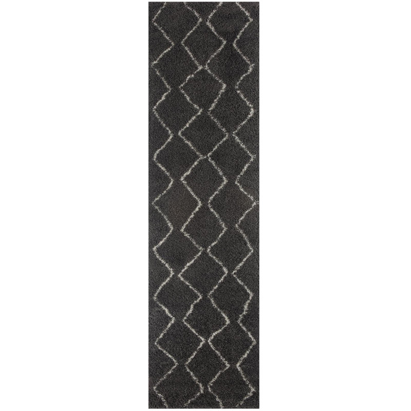 Moroccan Shaggy Collection Rugs Boho Design in Dark Grey/Ivory, Runner 80 x 300cm