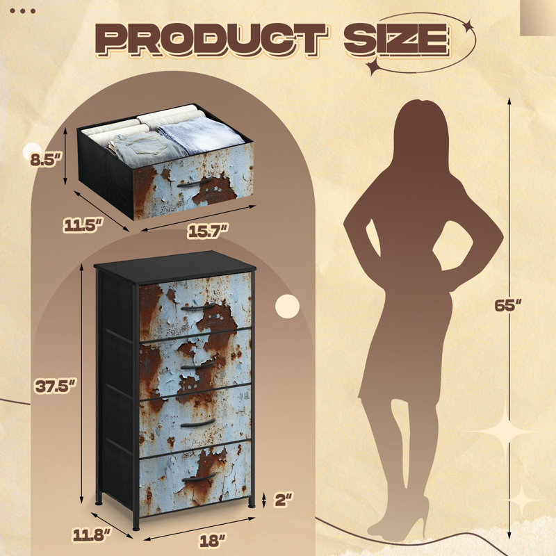 Dresser for Bedroom with 4 Storage Drawers Rusty Metal Surface Peeling Paint Factory industrial Dressers Chest of Drawers Steel Framed Fabric Closet Organizers for Dorm Entryway