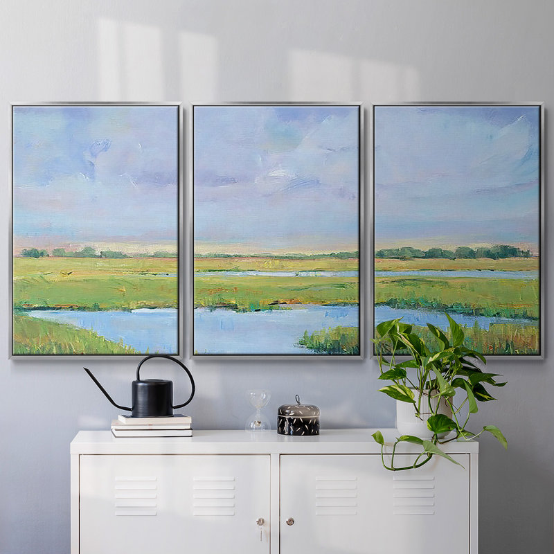 Summer Marsh I - Toile encadrée à pièces multiples, H 40 po x l 78 po x P 2 po, Argent