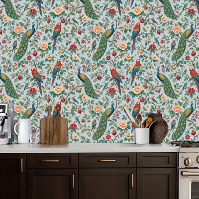 Peel and Stick Wallpaper Vintage Floral peacocks Parrot Chinoiserie flowers Bloom branch fruit Contact Paper Removable Self Adhesive Wall Mural Wall D
