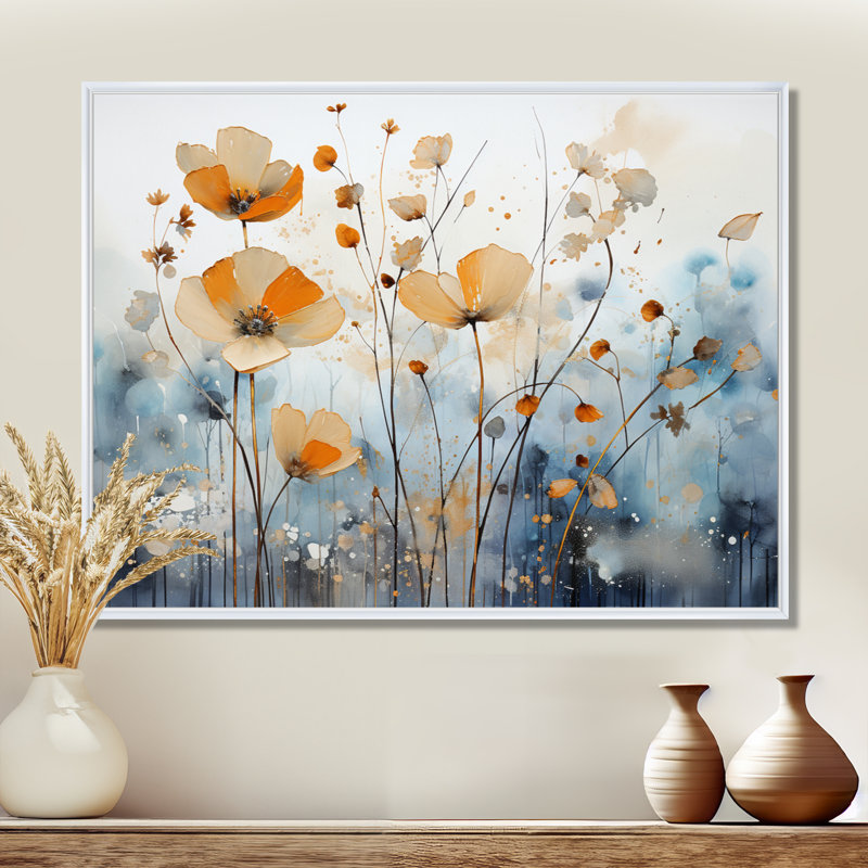 Art sur toile, "Orange Mute Botanicals II", H 34 po x l 44 po x P 1,5 po, Cadre flottant blanc