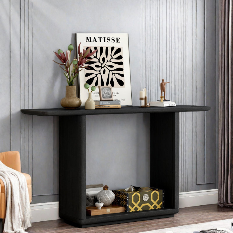 Minimalist Console Table With Curved Corners And U-base Design, Black