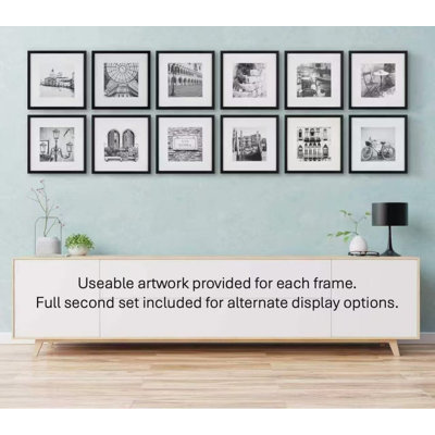12-Piece Black Photo Frame Set with Hanging Template - 12x12 Picture Frame Matted to 8x8 - Gallery Wall Kit
