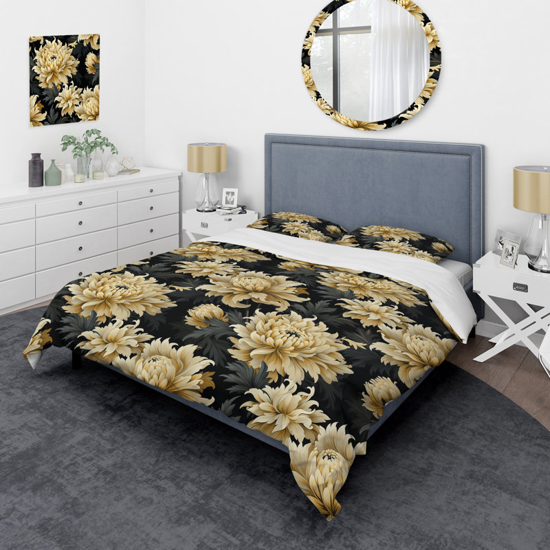 Ensemble de housse de couette damassé Glamour VI bleu foncé et doré, Housse de couette simple + 1 taie décorative stan