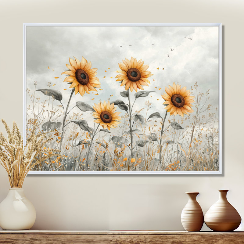 Art mural sur toile, tournesols Drangang, H 16 po x l 32 po, Impression encadrée flottante, Blanc