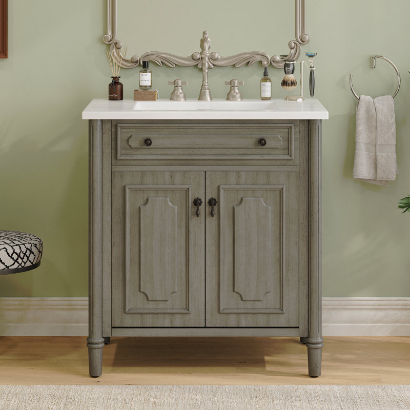 Meuble-lavabo vintage 31 po avec lavabo, armoire rustique, profil courbé, pieds en bois d'hévéa, portes à fermeture en douceur, tablette réglable