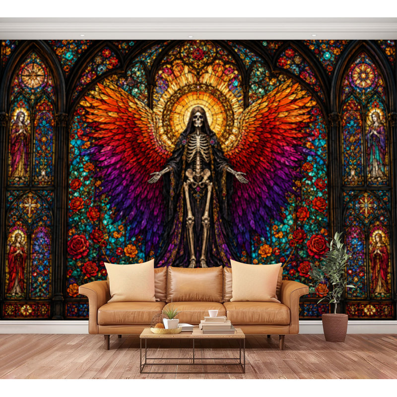 Papier peint adhésif autocollant amovible jour mort noir clair Sugar Skull Glow Dark Church, 100.08" L x 144" W