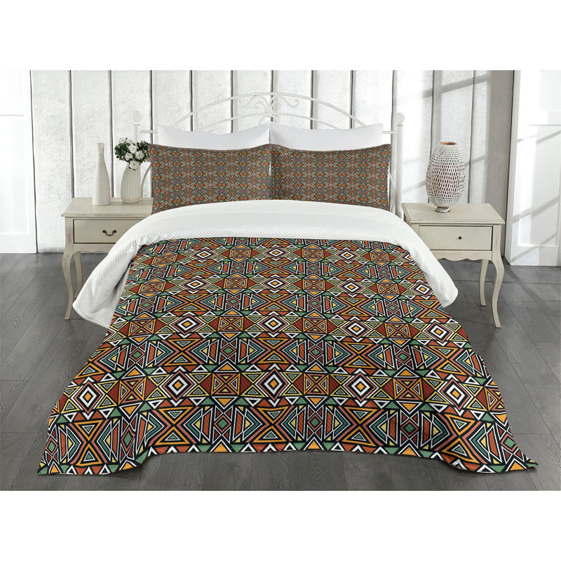 Ambesonne Aztec Bedspread Set Cultural Folk Boho Triangles Multicolor, King Bedspread + 2 Standard Shams
