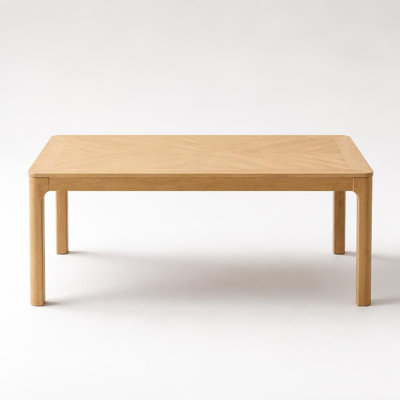 Table de salle à manger rectangulaire avec plateau de style parquet, coins arrondis, détails de pieds courbés, pieds réglables, plateau de table en placage de chêne, pieds en bois d'hévéa