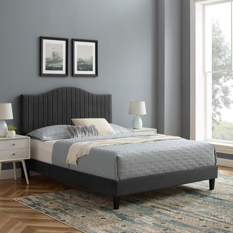 Lit plateforme en velours cendré Juniper Channel, Bleu sarcelle, Double