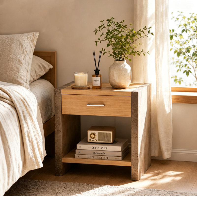 Table de chevet en bois avec 1 tiroir et compartiment ouvert, table de chevet industrielle pour chambre à coucher
