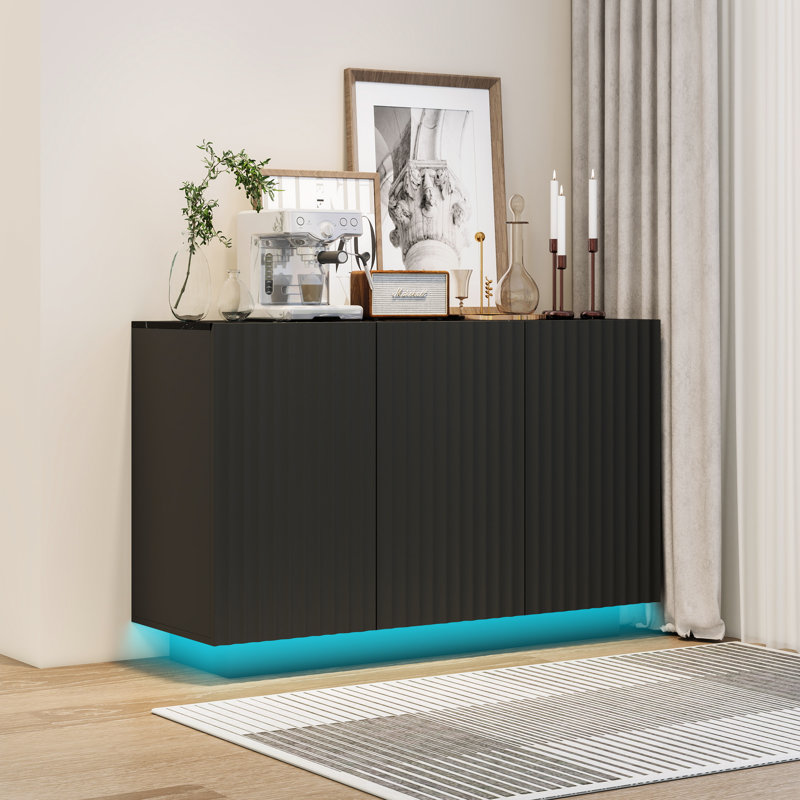 3-Door Buffet Sideboard Storage Cabinet with Adjustable Shelves , LED Lighting and Charging Station for Dining Room Living Room