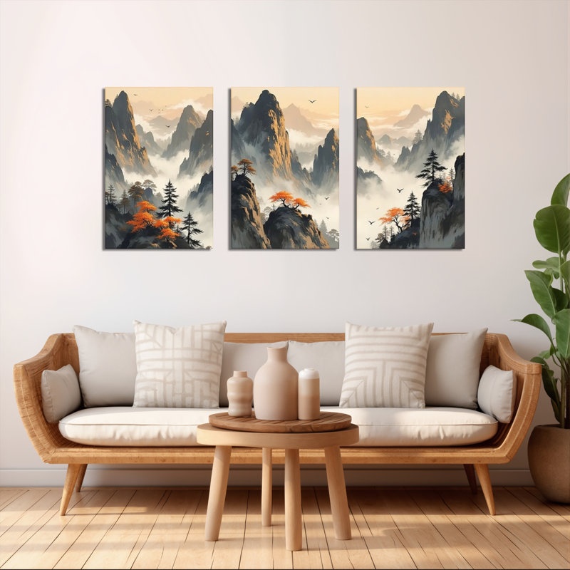 Paysage de montagne avec arbres d'automne et sommets brumeux - Tableau sur toile (lot de 3), H 36 po x l 72 po
