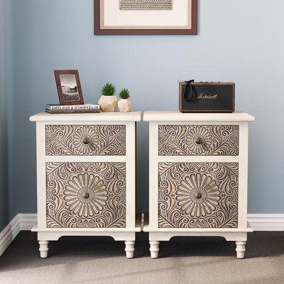 Loftis 18.4" W Carved Nightstand with Soft-Close Drawer and Cabinet