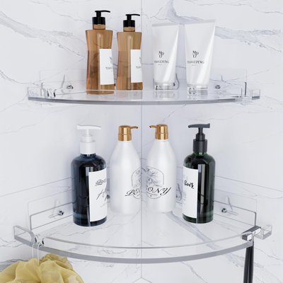 Tablettes de coin en acrylique, organisateur de panier de douche adhésif pour rangement de salle de bain, transparent, antirouille, tablette murale sans perçage, paquet de 2