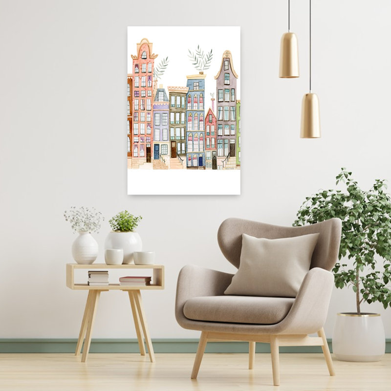 City Livin' Whimsical Abstract Contemporary Architecture City Wall Art Print 1 Piece Wrapped Canvas Wall Art