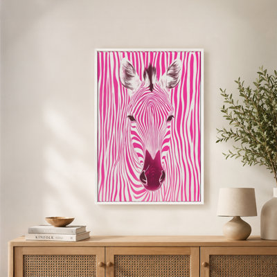 Pink & White Striped Zebra Canvas Wall Art with Floating Frame, Ready to Hang