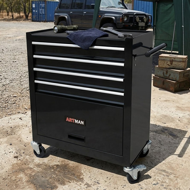 Armoire à outils de rangement pour le travail en acier à 4 tiroirs avec roulettes et poignée, Noir