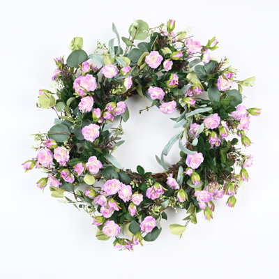 22" Artificial Farmhouse Spring Summer Blossoms Cluster Foliage Rose Floral Wreath For Front Door