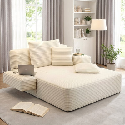 60.2" Oversized Convertible Sofa Bed, 2-in-1 Chaise Lounge Indoor & Sleeper Chair, Corduroy Lounge Chair with Spring & Foam Cushion, Wide Padded Armrests & Storage Pocket, Comfy Chair for Living Room, Bedroom, Dorm