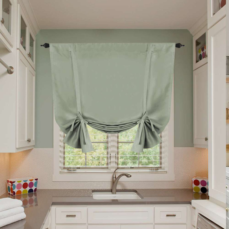 Curtain Thermal Insulated Tie Up Window Shade Light Blocking Curtains for Bathroom, Rod Pocket Single Panel, Light Sage