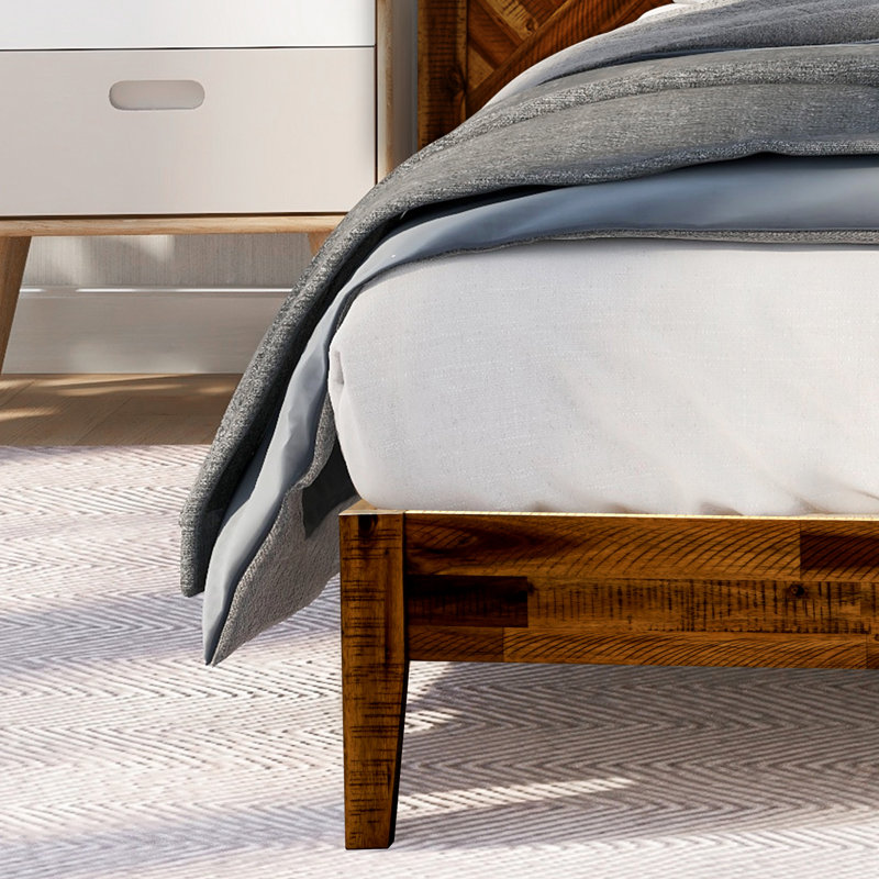 Sierra Solid Wood Bed Frame with Adjustable Headboard / Handcrafted Pattern Platform Bed, Queen, Walnut