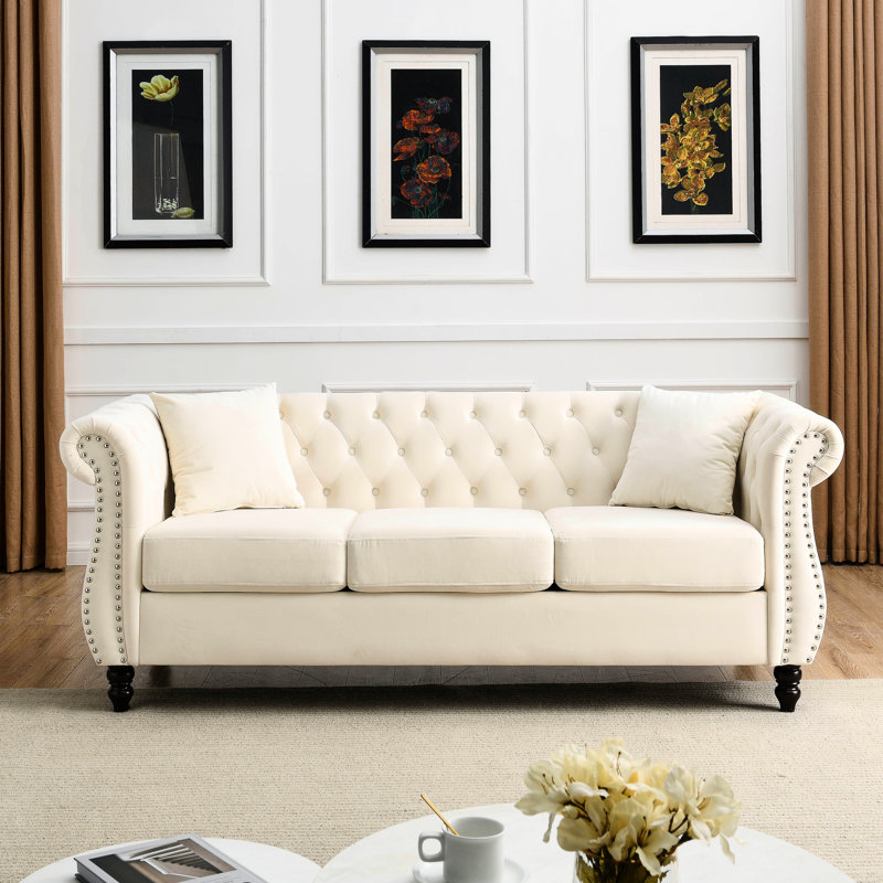 Combinaison 3 + 2 en velours beige élégant et bois massif chaud