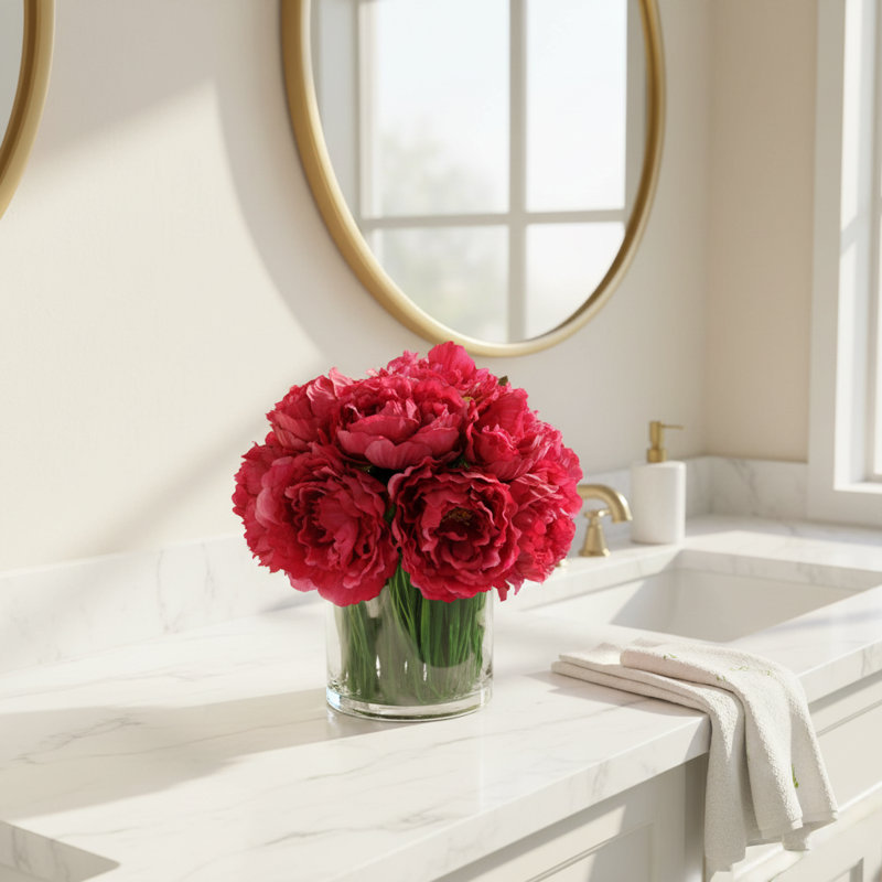 Peony Arrangement in Glass Vase with Grass, Magenta