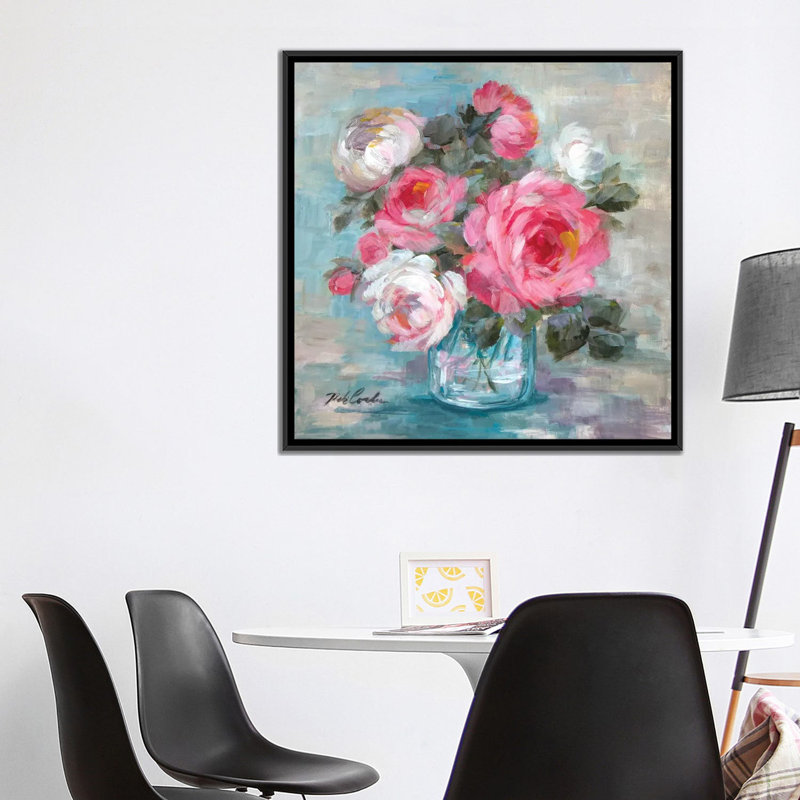 « summer roses ii », impression sur toile, H 37 po x l 37 po x P 1,5 po, Toile avec cadre noir, Pas de tapis