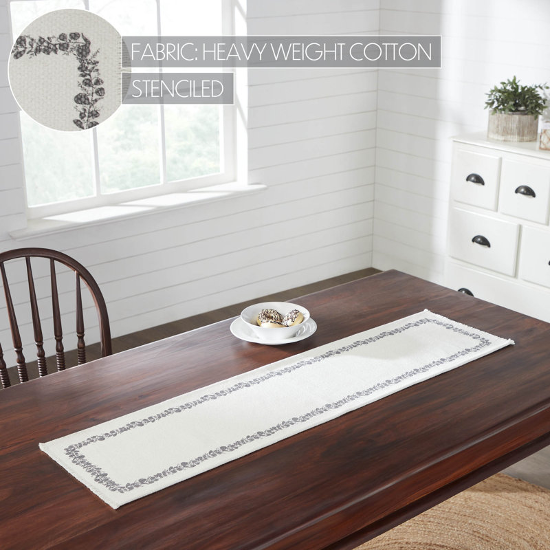 Soft White Cotton Table Runner with Eucalyptus Pattern, 12x48