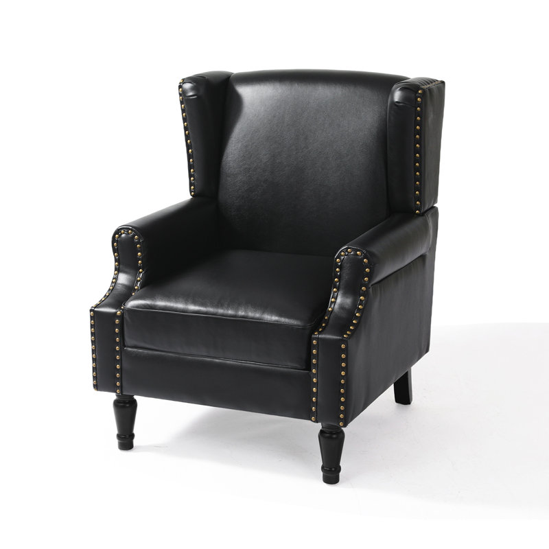 Duward Upholstered Black Faux Leather Wingback Accent Chair with Nailhead Trim, Black Faux Leather