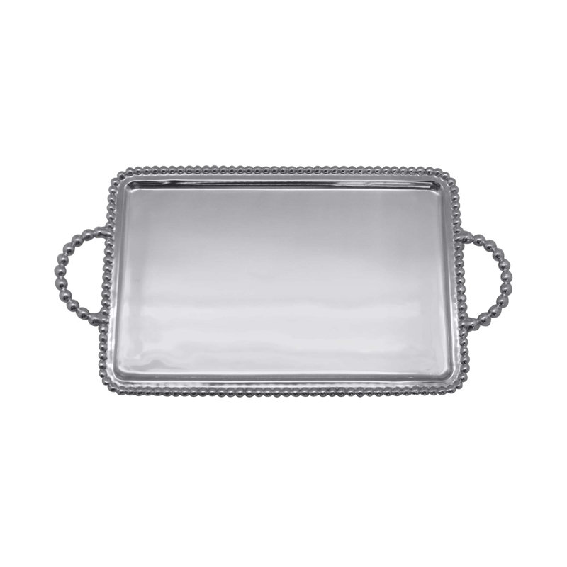 Silver Beaded Metal Serving Tray with Handles