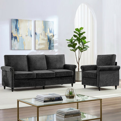 Ensemble de canapé en chenille de style Mid-Century 2 pièces, noir