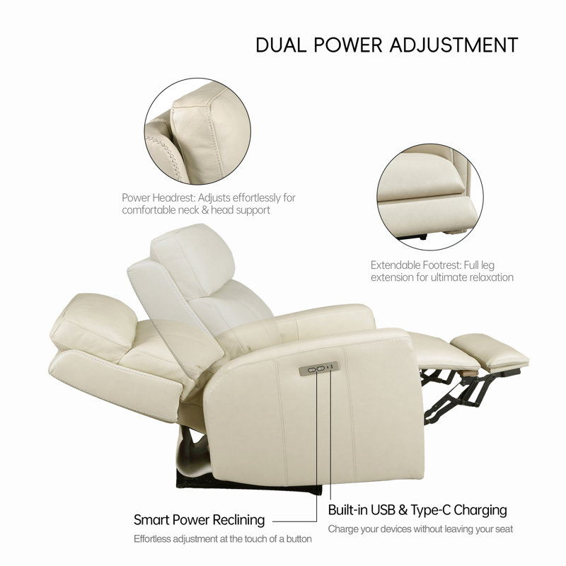 Rumalda 82" Genuine Leather Power Zero Gravity Reclining Couch with USB&USB-C Port, Beige Genuine Leather