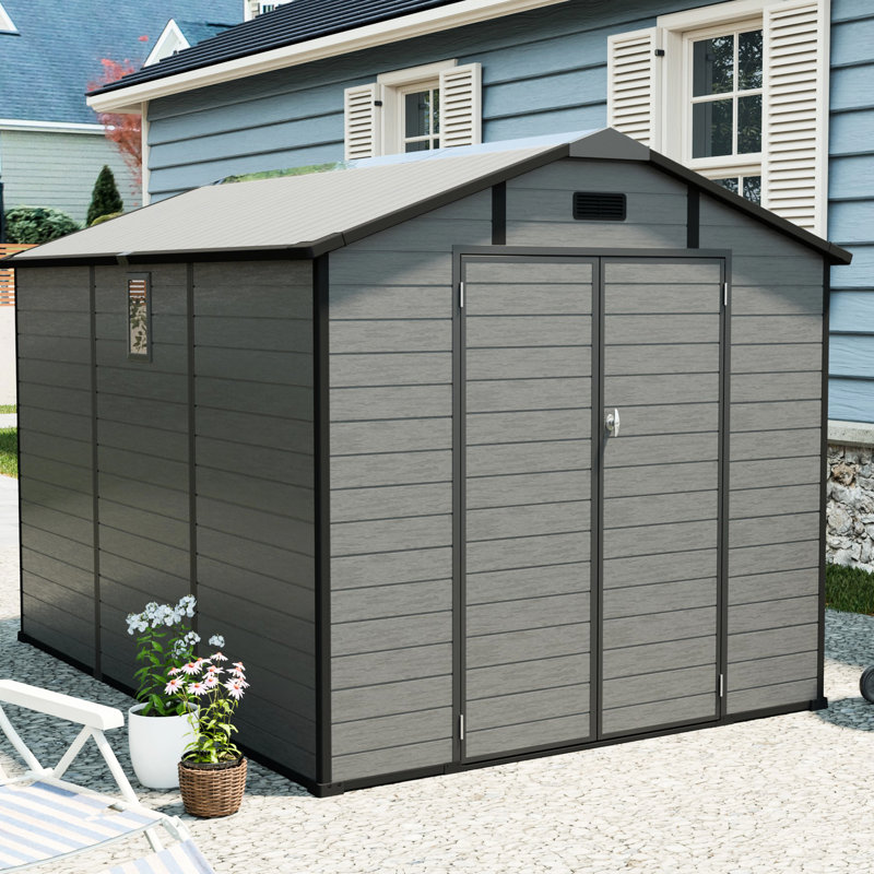 8x10 Ft Plastic Outdoor Storage Shed, Lockable Resin Structure In Dark Gray, Featuring Window And Skylight, Good For Workshop, Patio Furniture, Lawn Mowers, Quick To Assemble Shed Air Vents Ideal