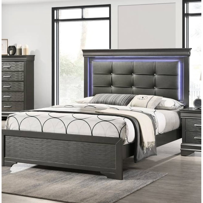 Grand lit avec similicuir gris, capitonnage à boutons carrés et lumières à DEL, tête de lit moderne pour aménagement de chambre à coucher, amélioration de l'espace