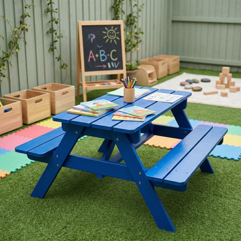 Modern minimalist one-piece dining table and chairs with umbrella holes and wooden frame for indoor and outdoor children's bedrooms, living room, playroom
