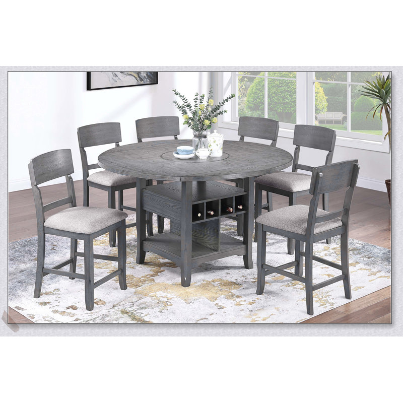 Ensemble de salle à manger à hauteur de comptoir contemporain 7 pièces avec table grise, plateau tournant, rallonge intégrée et 6 chaises hautes pour la cuisine et la salle à manger
