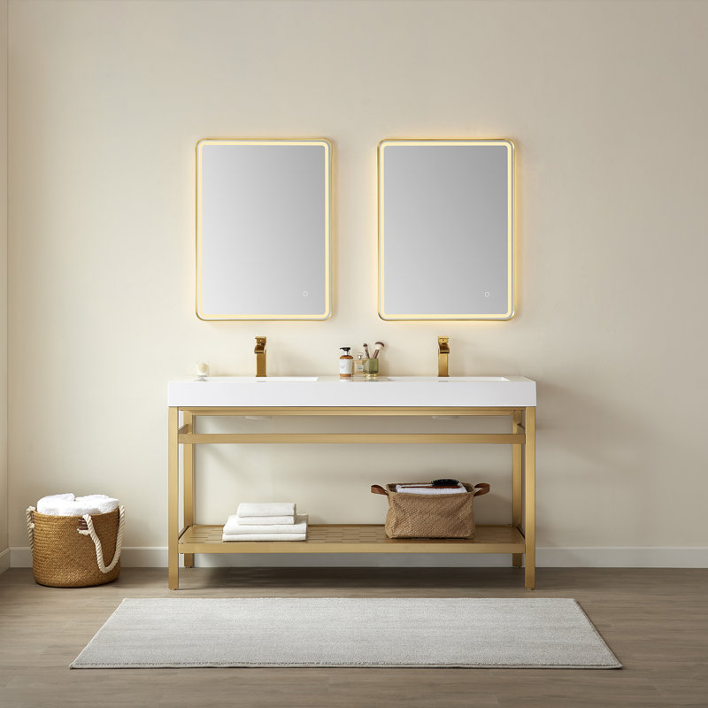 Kalvin 59.8'' Double Bathroom Vanity with Resin Top with Mirror, Brushed Gold, White, White