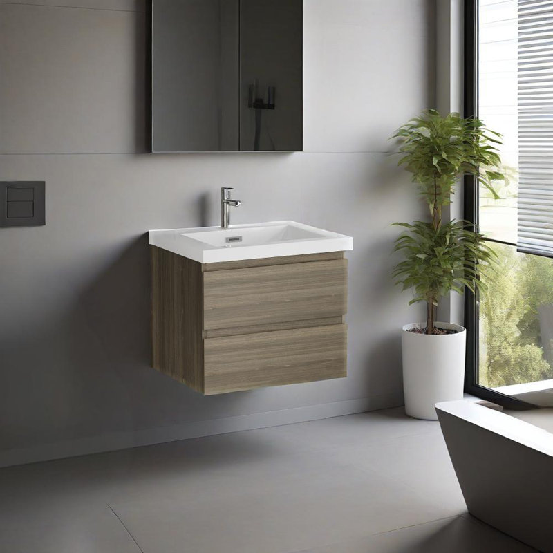 Meuble-lavabo flottant avec lavabo, meuble-lavabo mural moderne avec lavabo en résine et tiroirs à fermeture en douceur, Gris