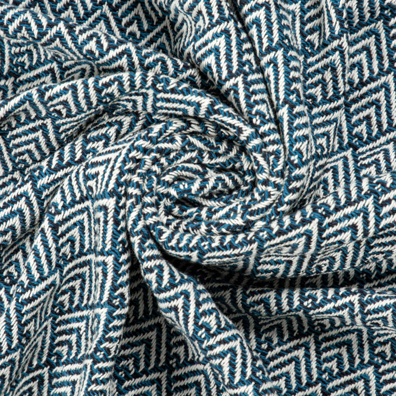 Ivory and Teal Blue Cotton Peacock Throw Blanket with Fringe