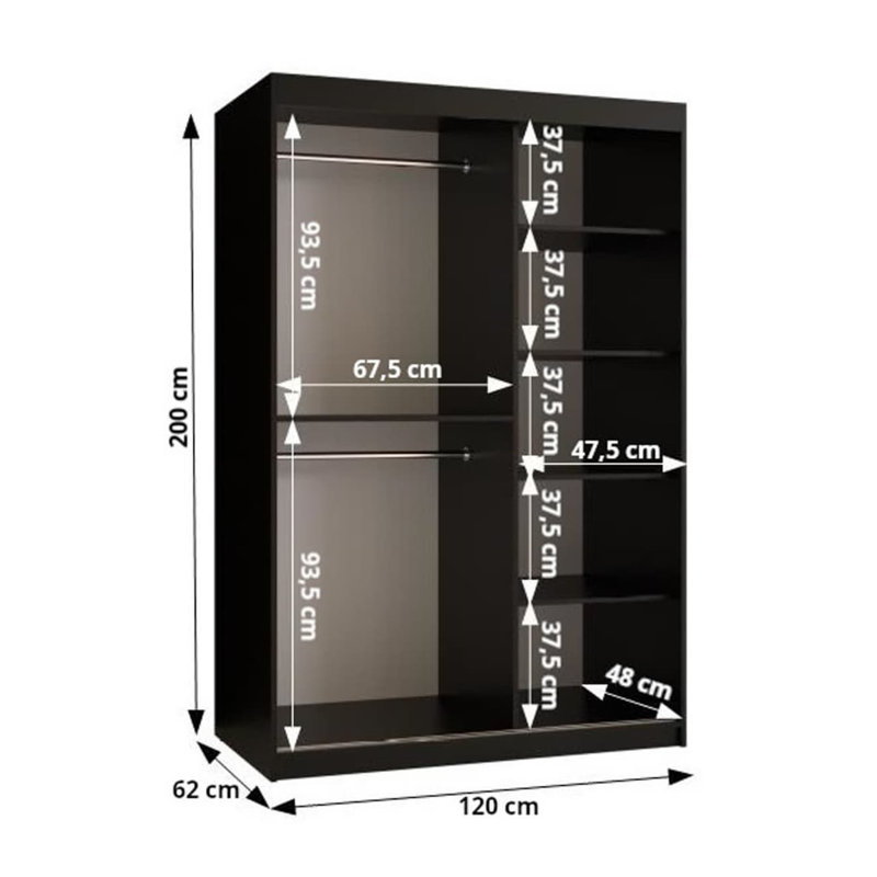 Arnola 2 Door Manufactured Wood Wardrobe, 200 H x 120 W x 62 D cm, Black