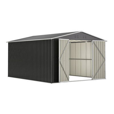 Remise de rangement extérieure de 10 pi x 10 pi, rangement pour outils en métal avec portes verrouillables et structure à cadre, grande remise de jardin en métal pour la cour arrière, pelouse de patio
